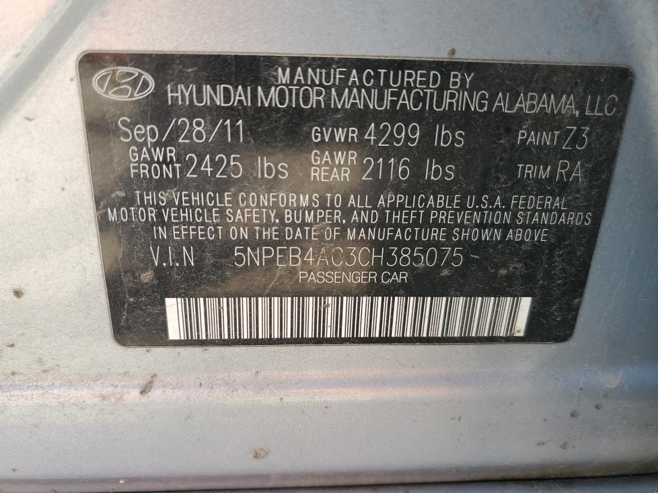 5NPEB4AC3CH385075 2012 Hyundai Sonata Gls