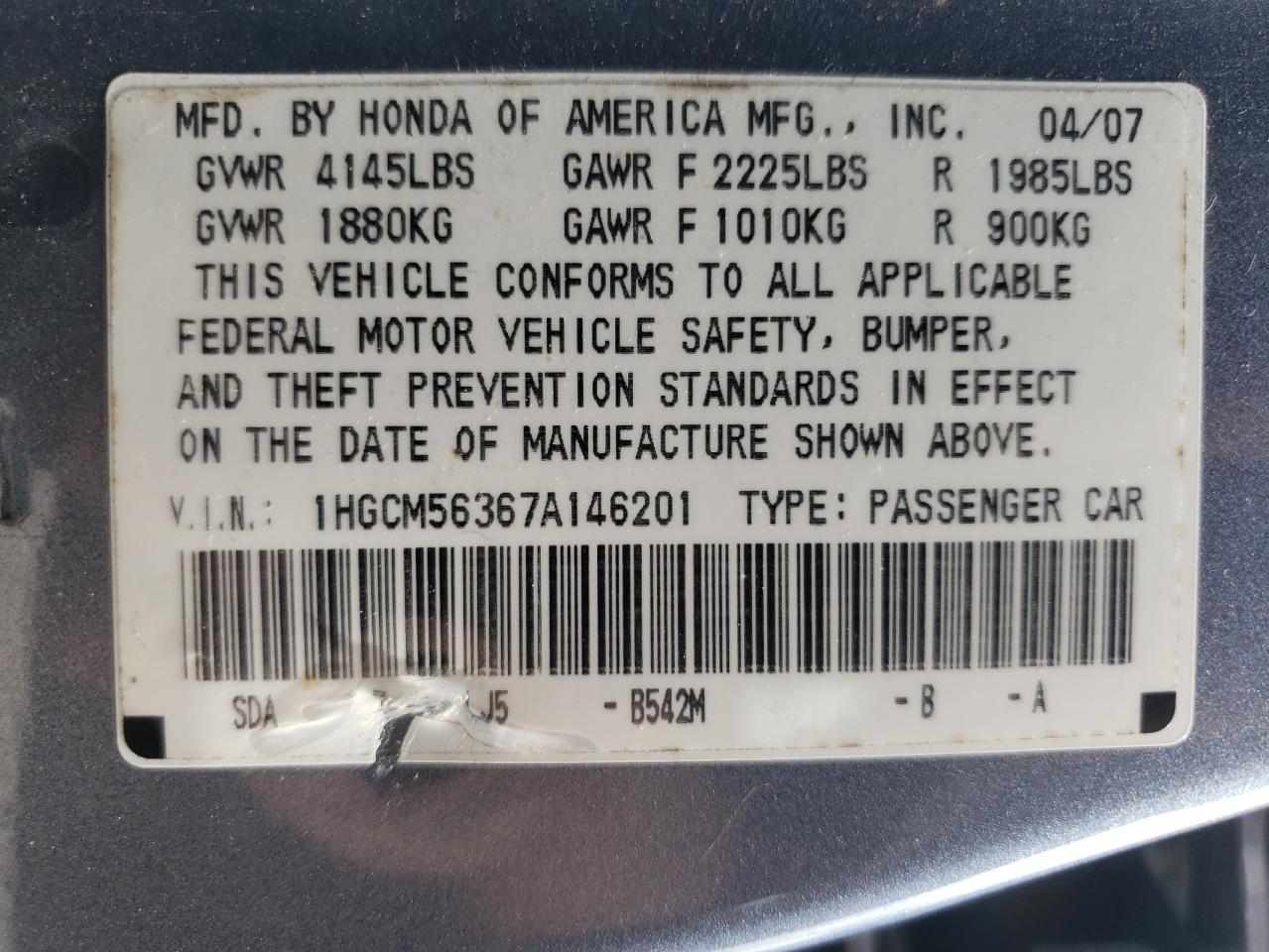 1HGCM56367A146201 2007 Honda Accord Se