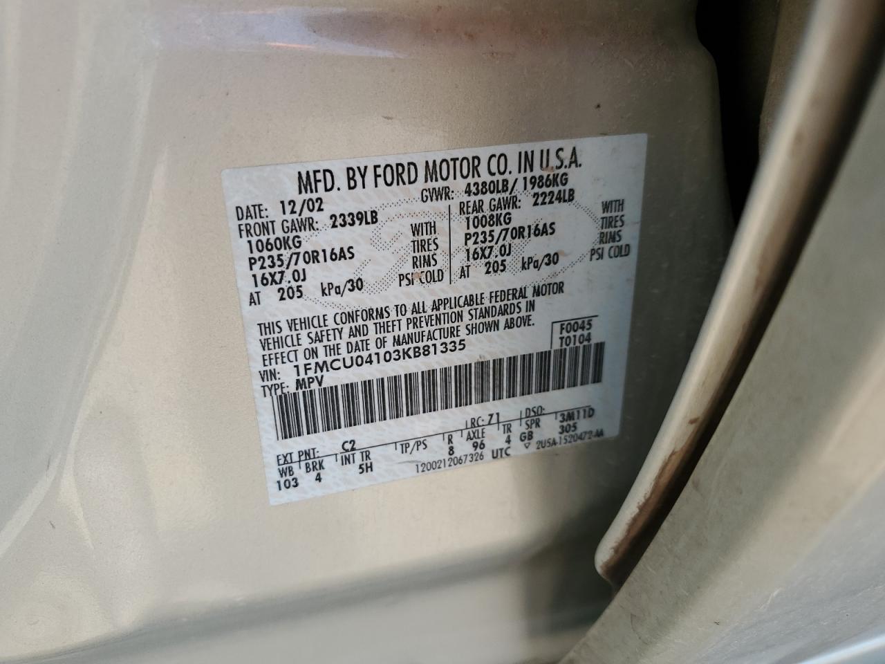 1FMCU04103KB81335 2003 Ford Escape Limited