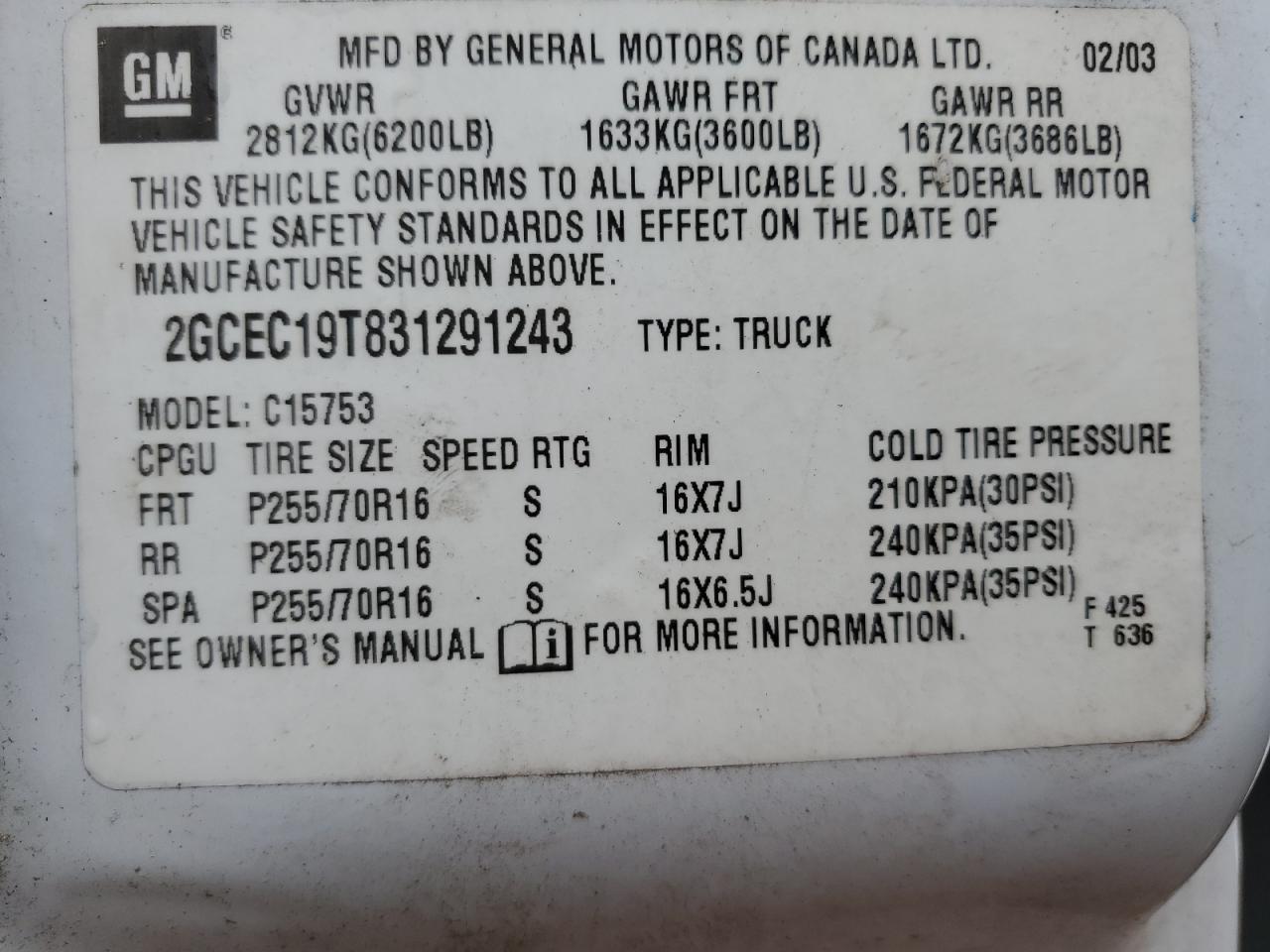 2GCEC19T831291243 2003 Chevrolet Silverado C1500