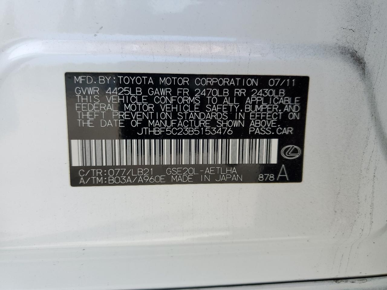 JTHBF5C23B5153476 2011 Lexus Is 250