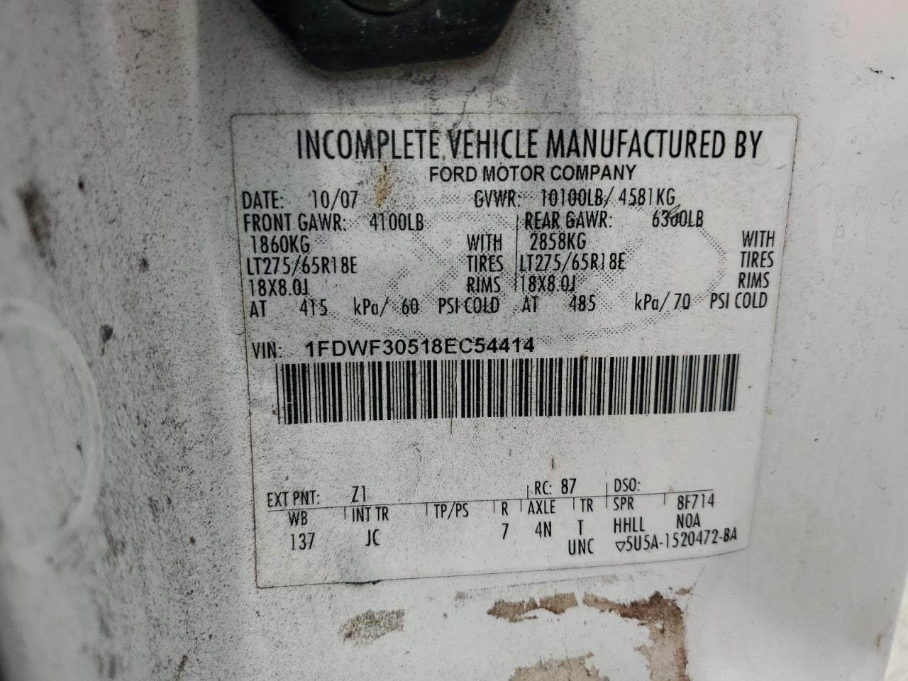 1FDWF30518EC54414 2008 Ford F350 Srw Super Duty