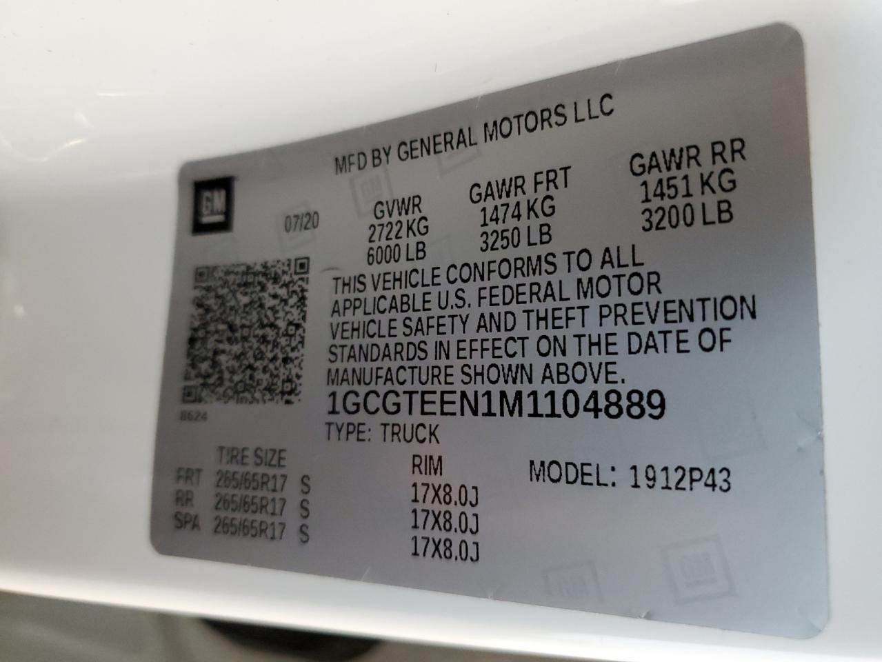 1GCGTEEN1M1104889 2021 Chevrolet Colorado Zr2