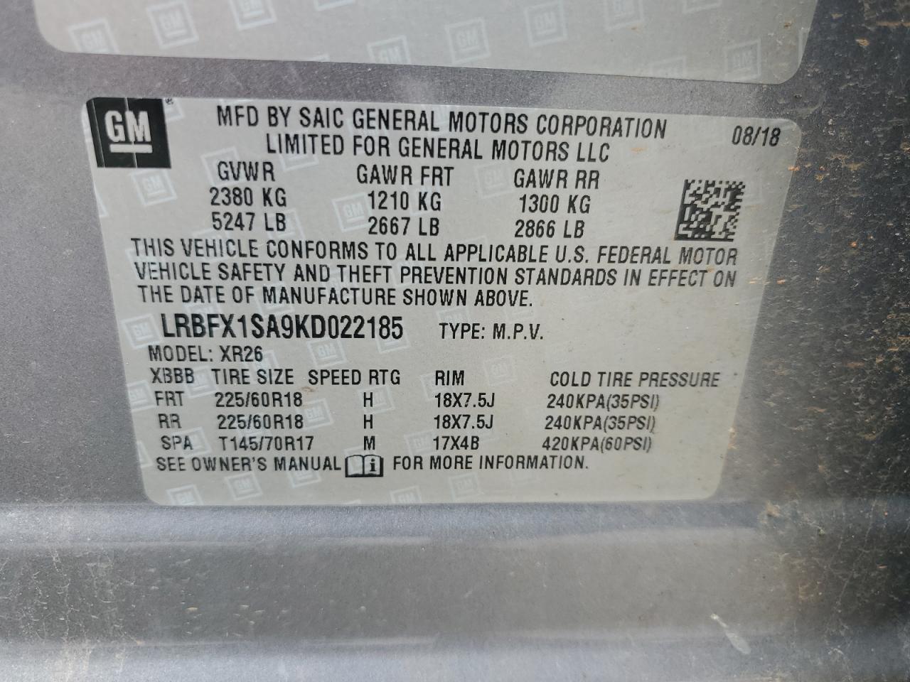 LRBFX1SA9KD022185 2019 Buick Envision Preferred