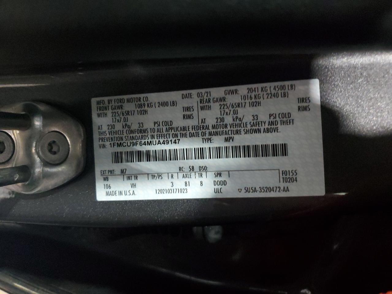 2021 Ford Escape S vin: 1FMCU9F64MUA49147