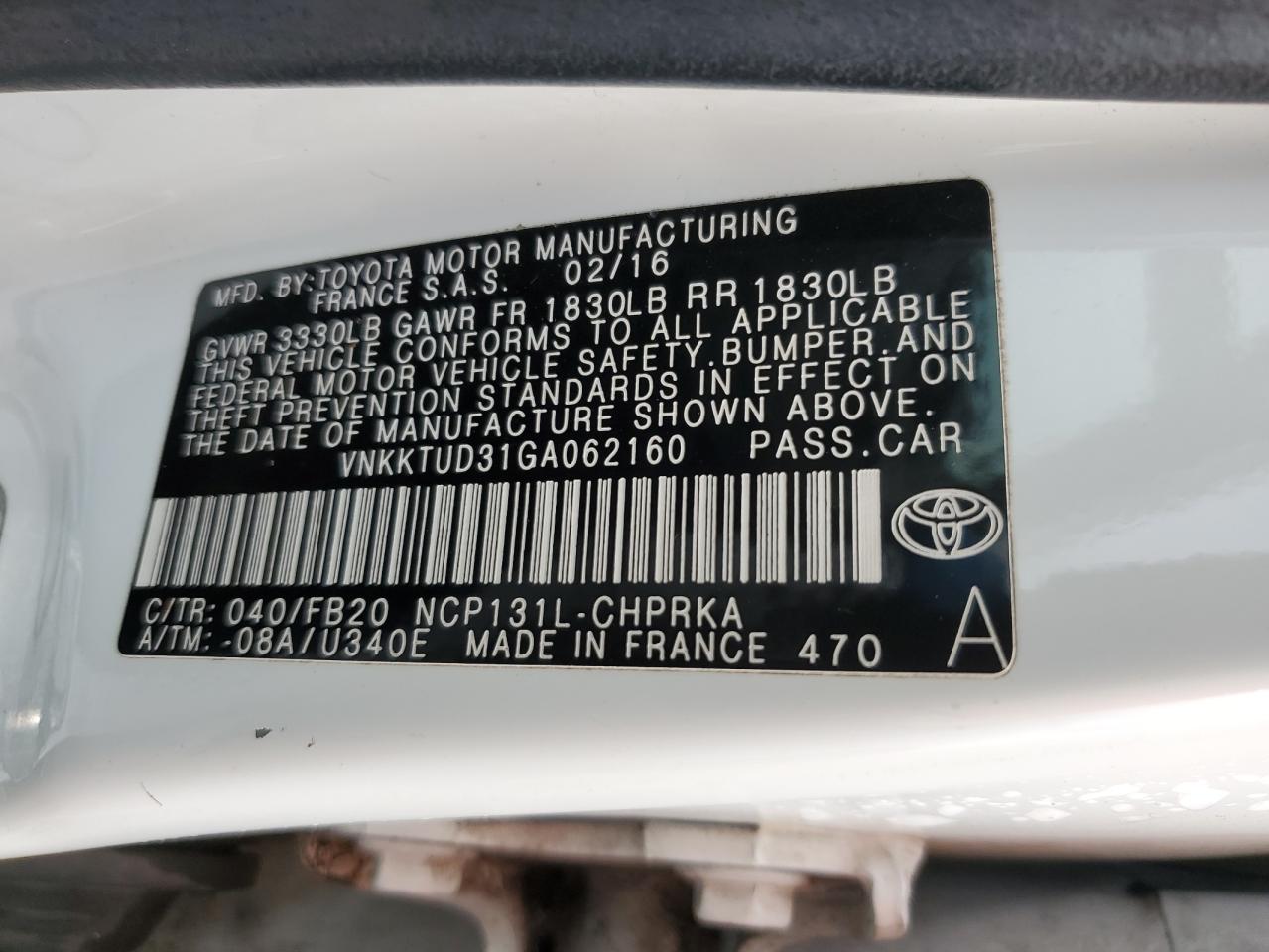 VNKKTUD31GA062160 2016 Toyota Yaris L