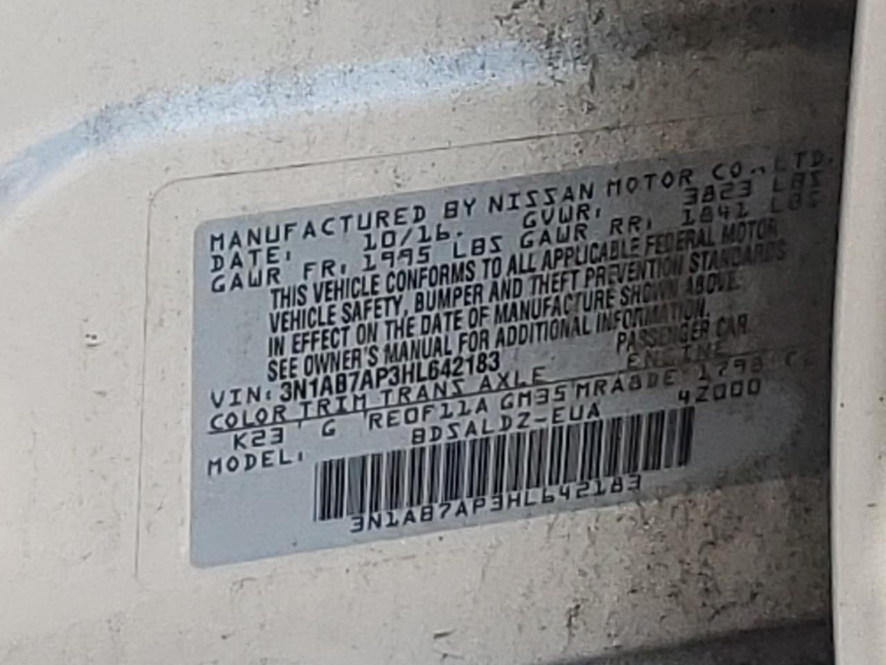 3N1AB7AP3HL642183 2017 Nissan Sentra S