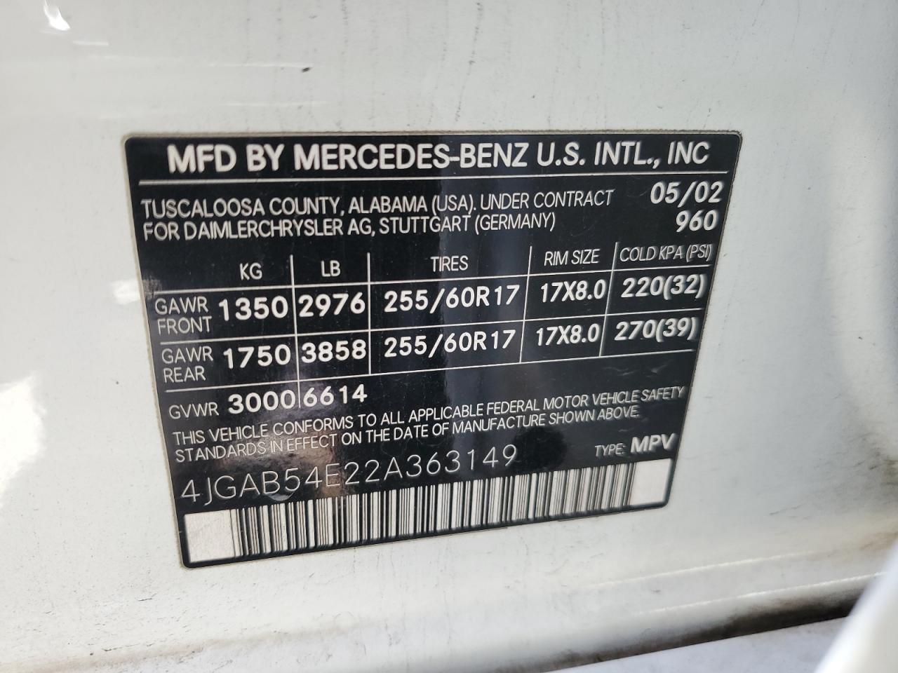 4JGAB54E22A363149 2002 Mercedes-Benz Ml 320