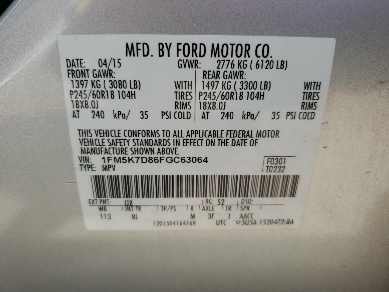 1FM5K7D86FGC63064 2015 Ford Explorer Xlt