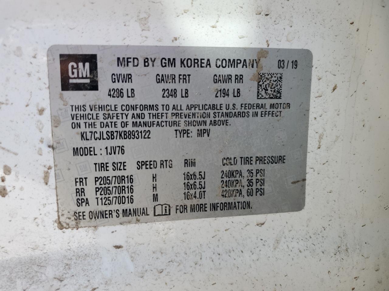 KL7CJLSB7KB893122 2019 Chevrolet Trax 1Lt