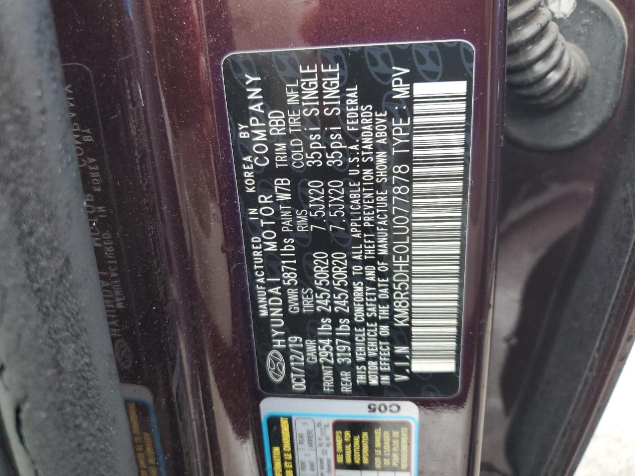 KM8R5DHE0LU077878 2020 Hyundai Palisade Limited