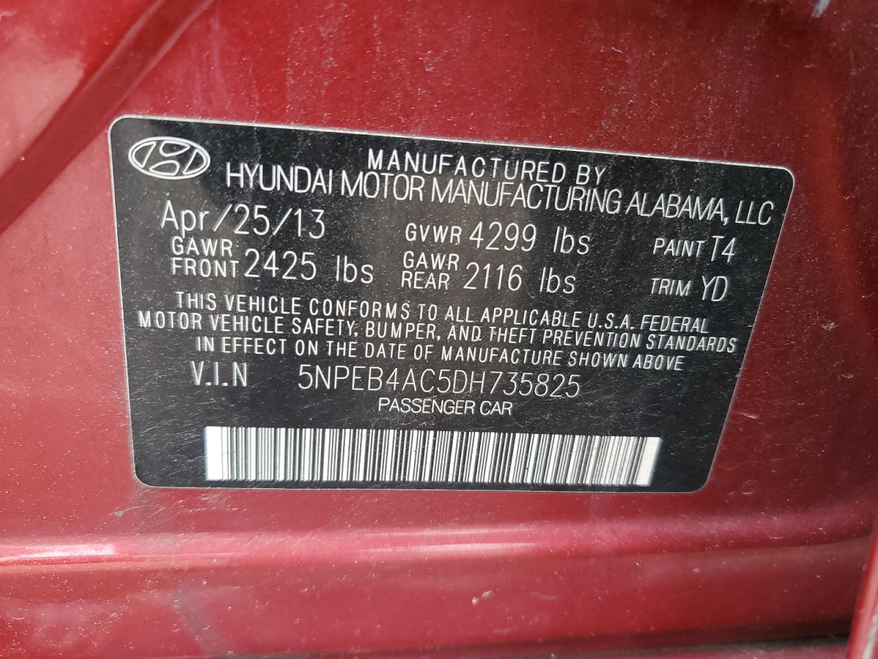 5NPEB4AC5DH735825 2013 Hyundai Sonata Gls