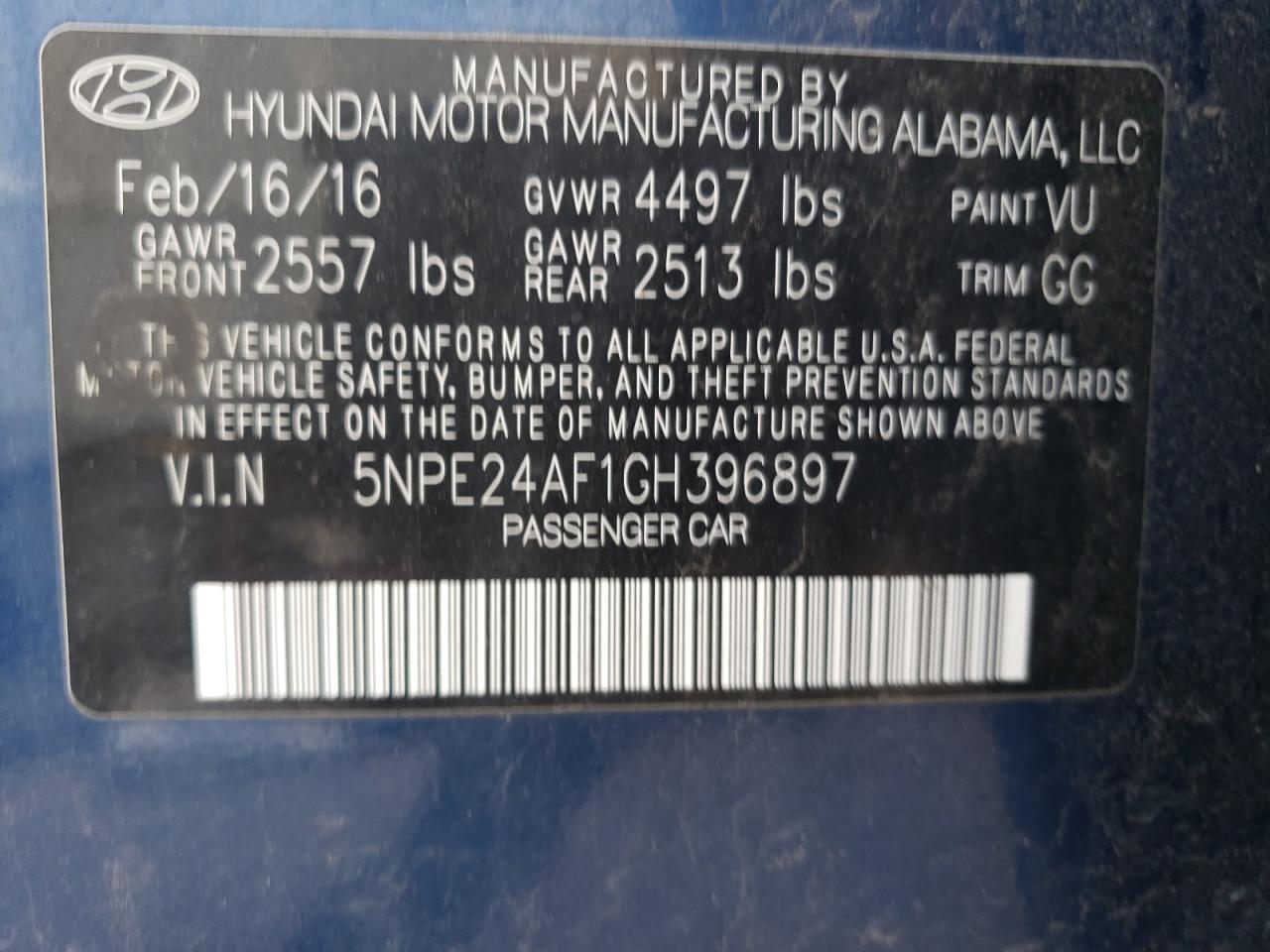 5NPE24AF1GH396897 2016 Hyundai Sonata Se