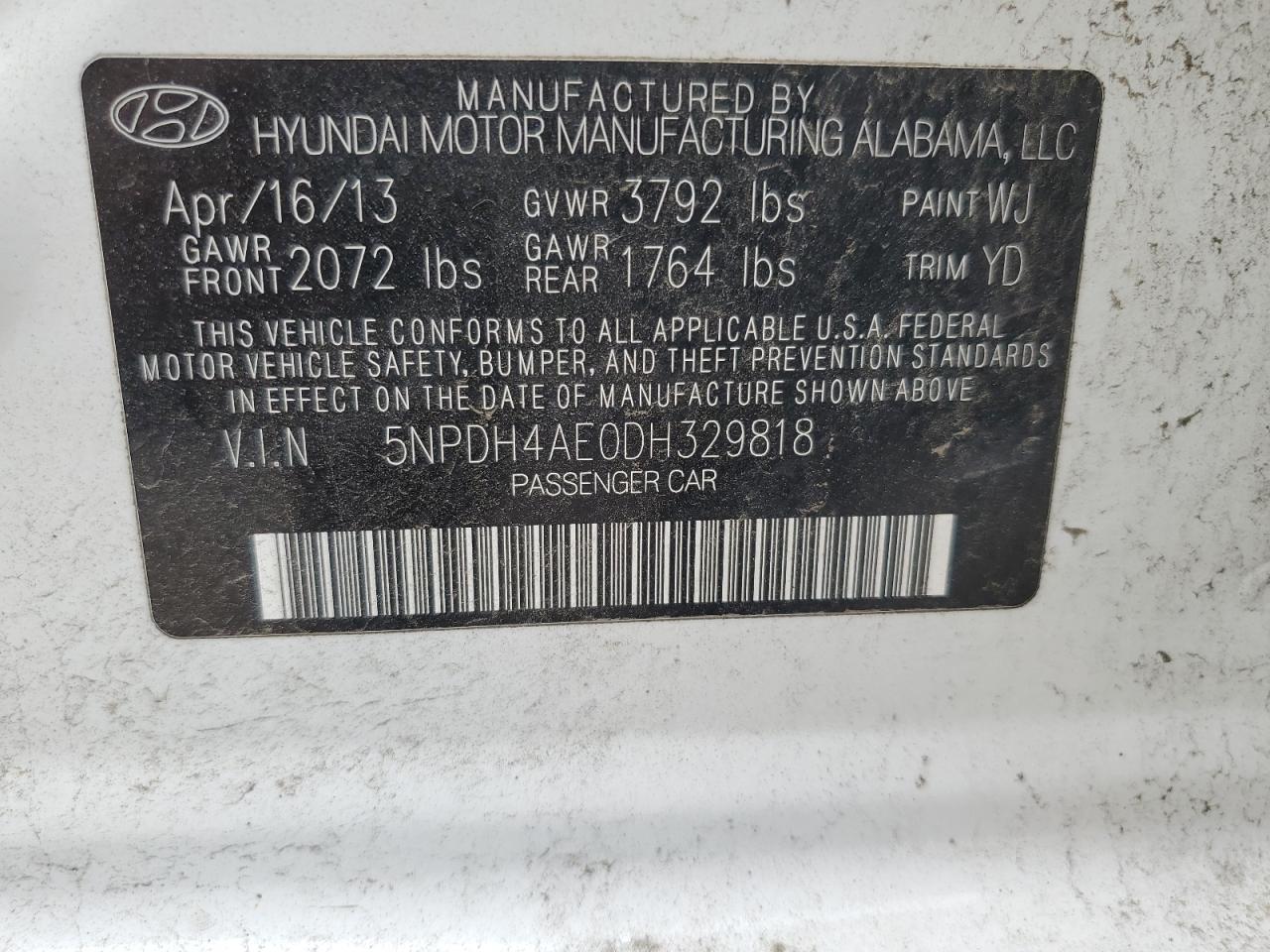 5NPDH4AE0DH329818 2013 Hyundai Elantra Gls