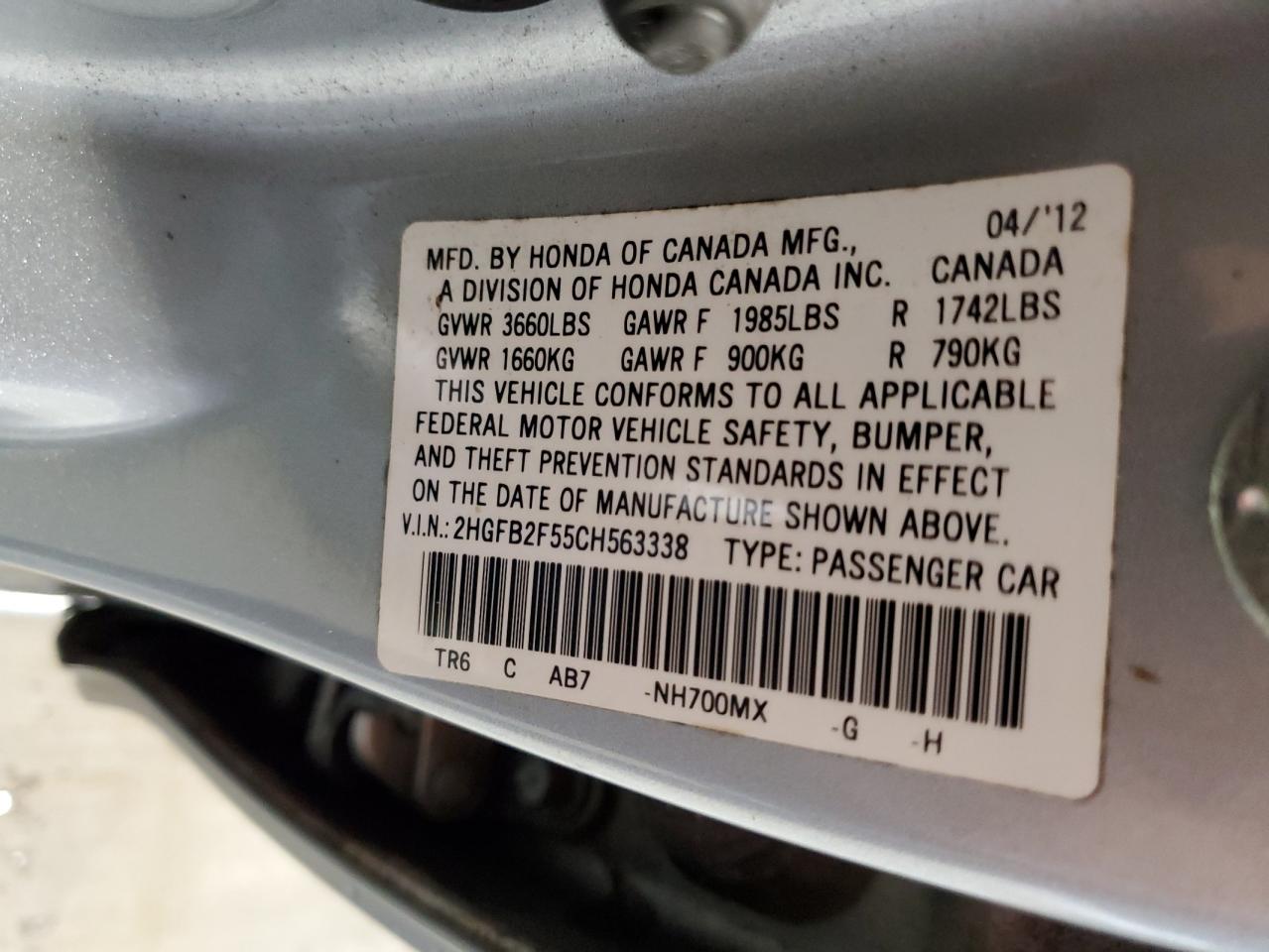 2HGFB2F55CH563338 2012 Honda Civic Lx