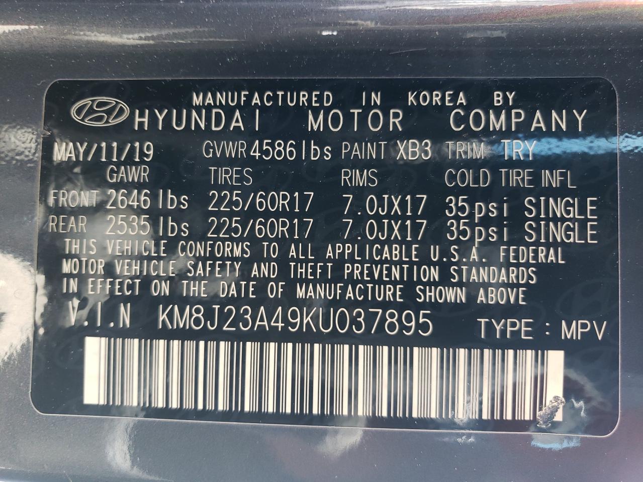 KM8J23A49KU037895 2019 Hyundai Tucson Se