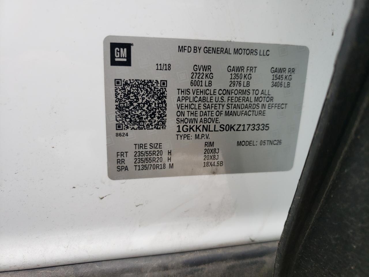 1GKKNLLS0KZ173335 2019 GMC Acadia Sle