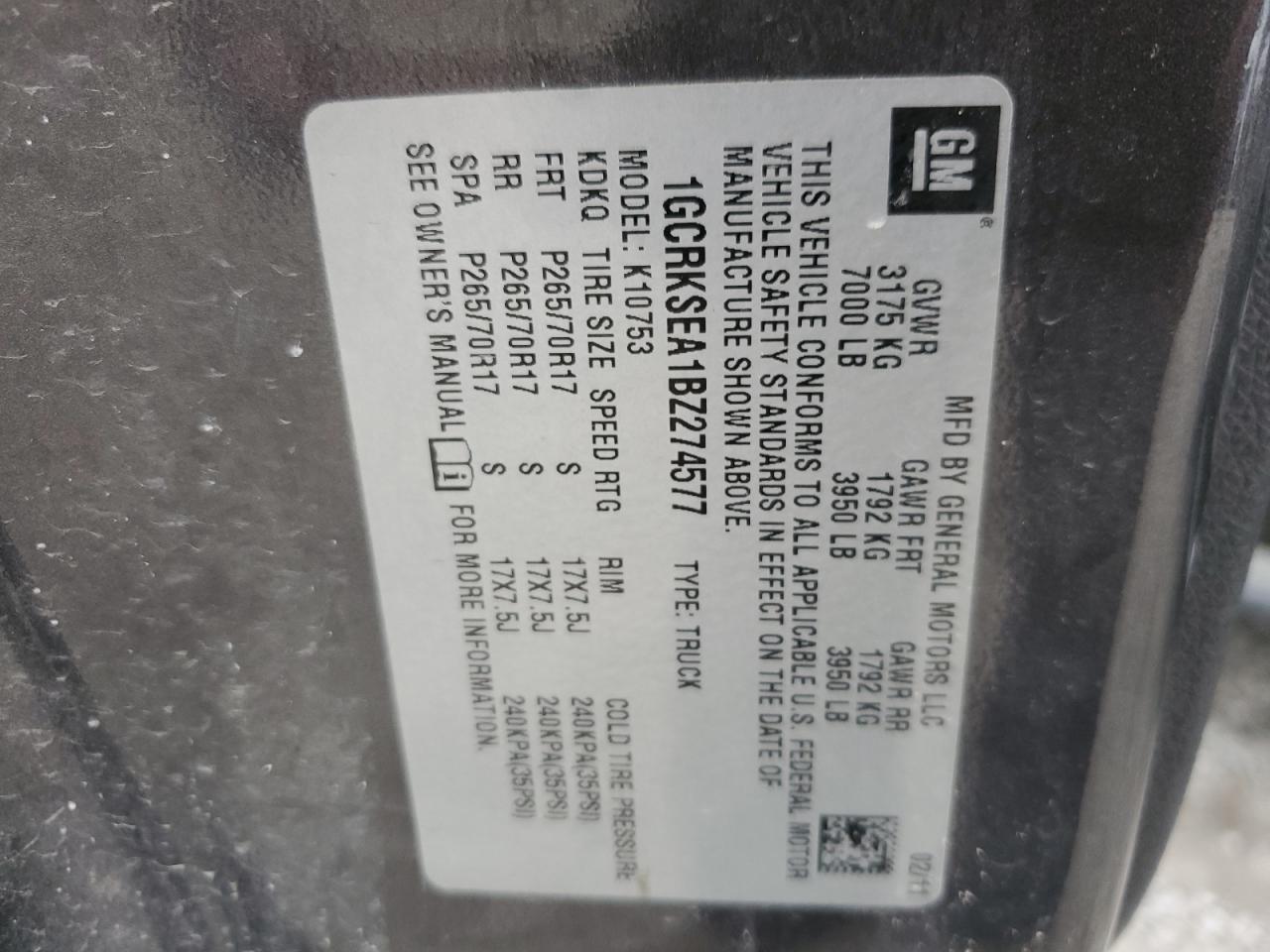 1GCRKSEA1BZ274577 2011 Chevrolet Silverado K1500 Lt