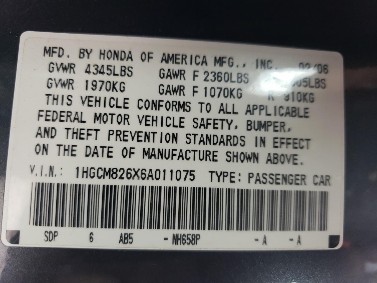 1HGCM826X6A011075 2006 Honda Accord Ex