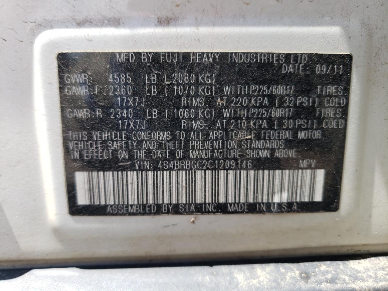 4S4BRBGC2C1209146 2012 Subaru Outback 2.5I Premium