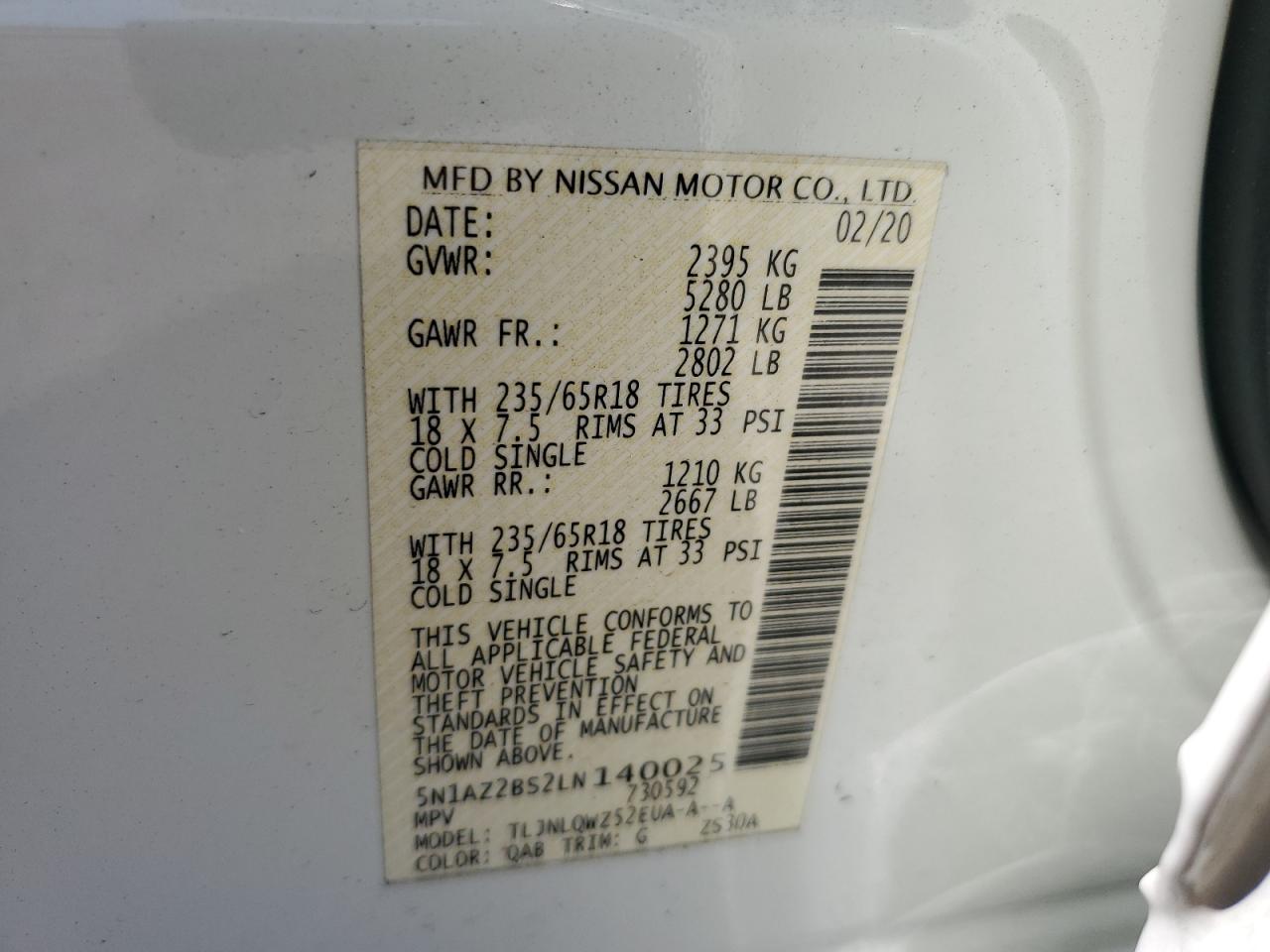 5N1AZ2BS2LN140025 2020 Nissan Murano Sv