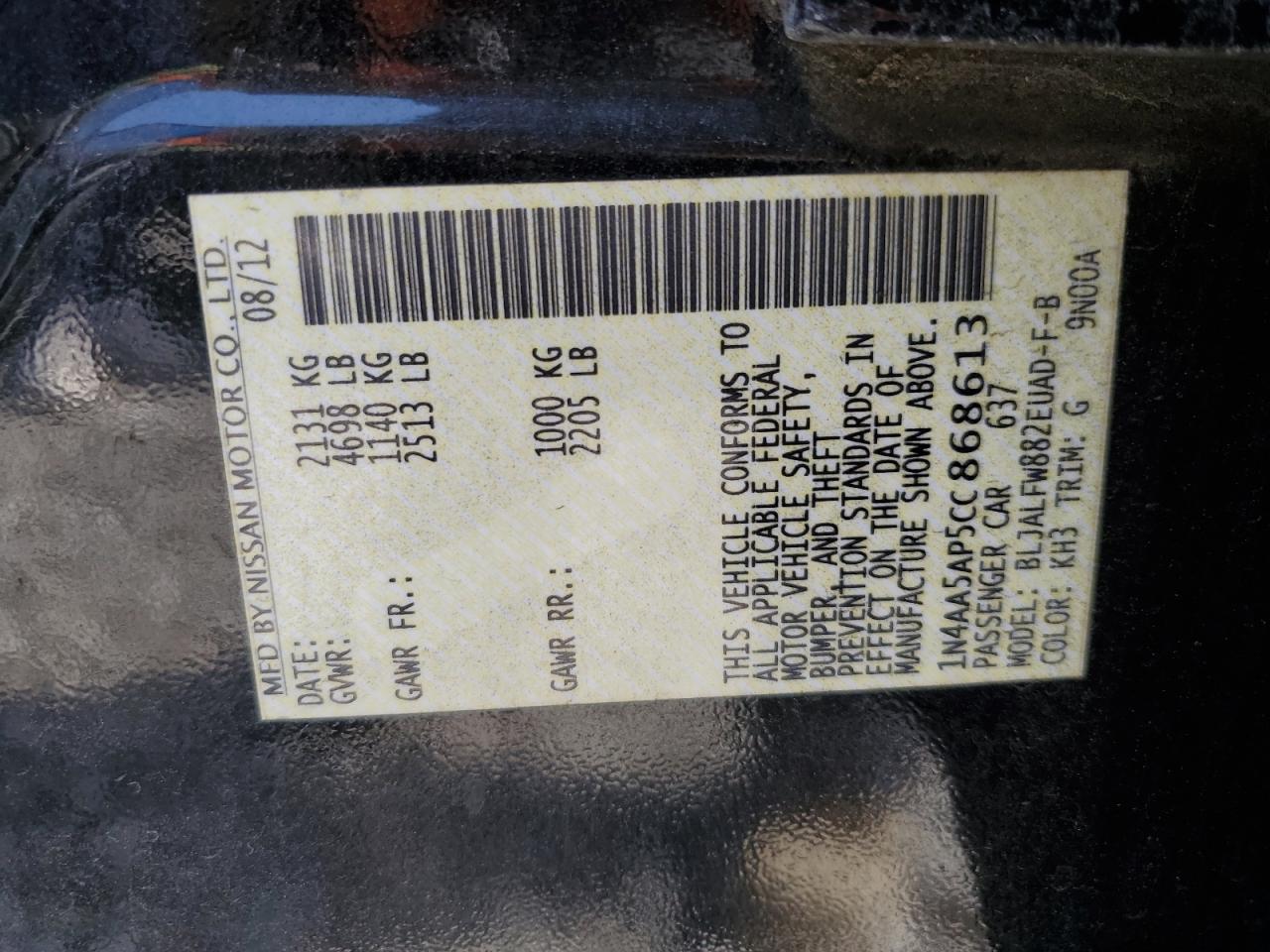 1N4AA5AP5CC868613 2012 Nissan Maxima S