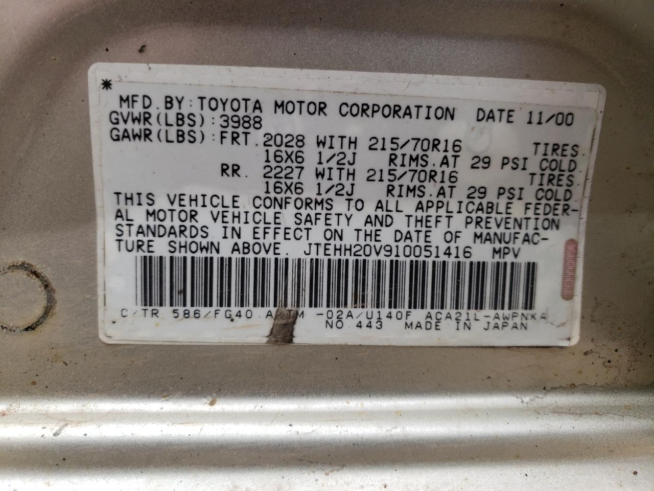 JTEHH20V910051416 2001 Toyota Rav4