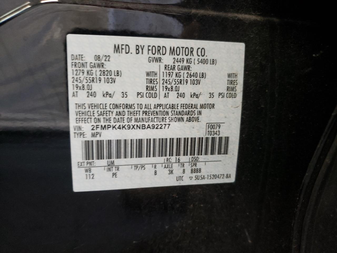 2FMPK4K9XNBA92277 2022 Ford Edge Titanium