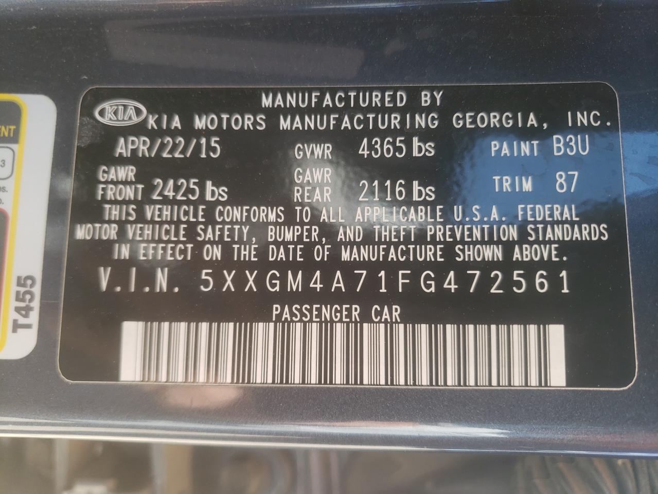 5XXGM4A71FG472561 2015 Kia Optima Lx