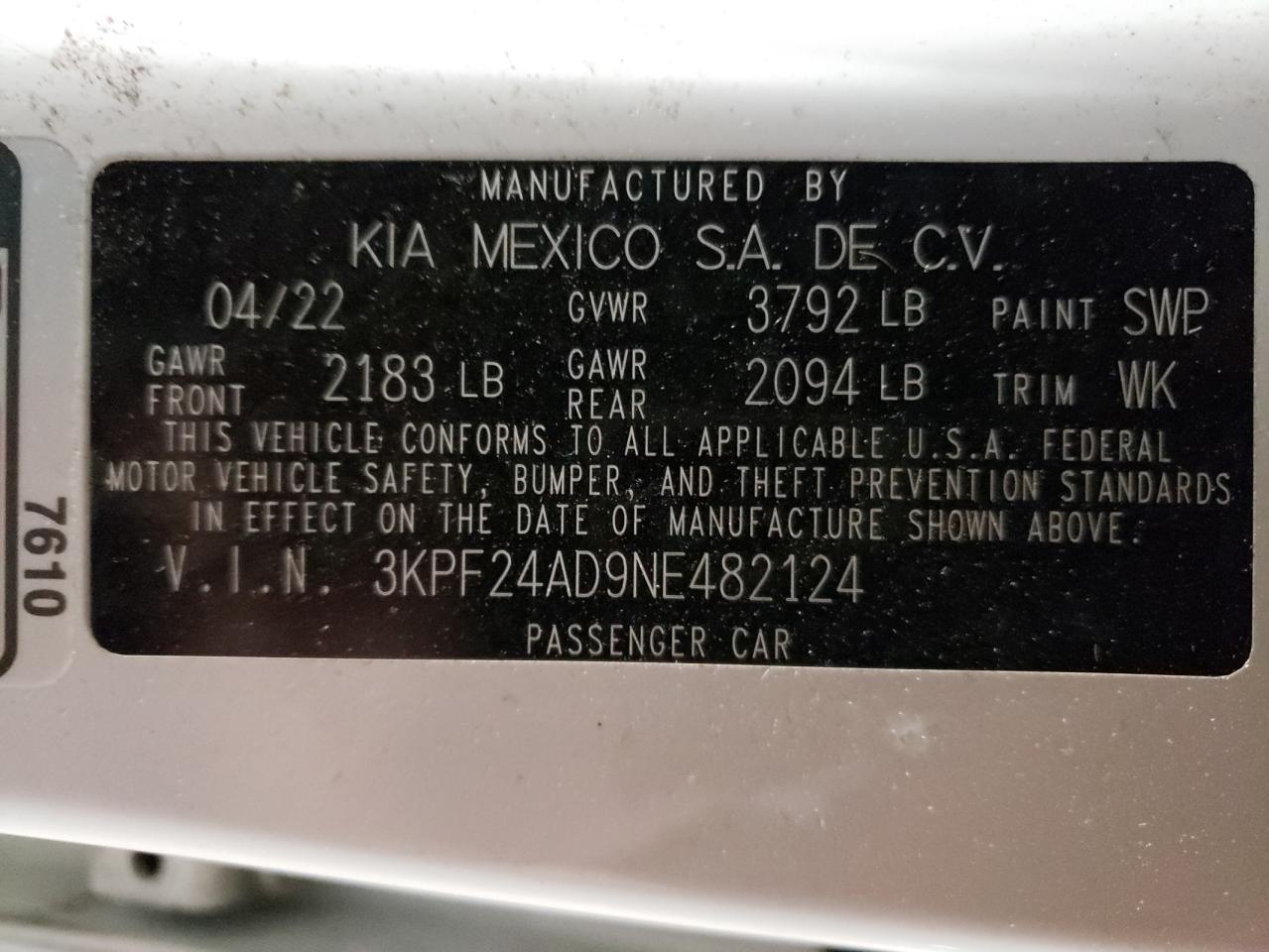 3KPF24AD9NE482124 2022 Kia Forte Fe