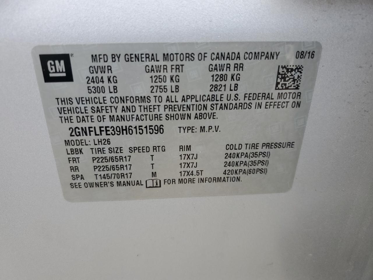 2GNFLFE39H6151596 2017 Chevrolet Equinox Lt