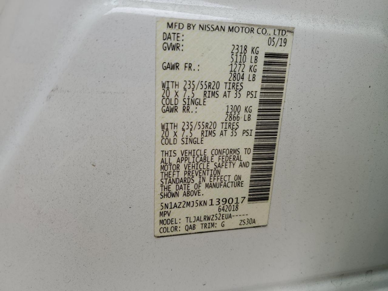 5N1AZ2MJ5KN139017 2019 Nissan Murano S