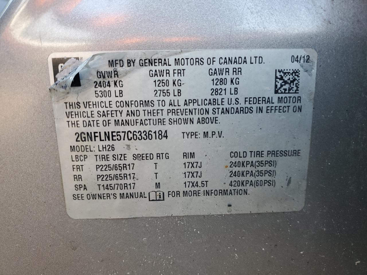 2GNFLNE57C6336184 2012 Chevrolet Equinox Lt