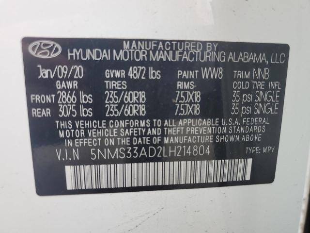 2020 Hyundai Santa Fe Sel VIN: 5NMS33AD2LH214804 Lot: 53678794