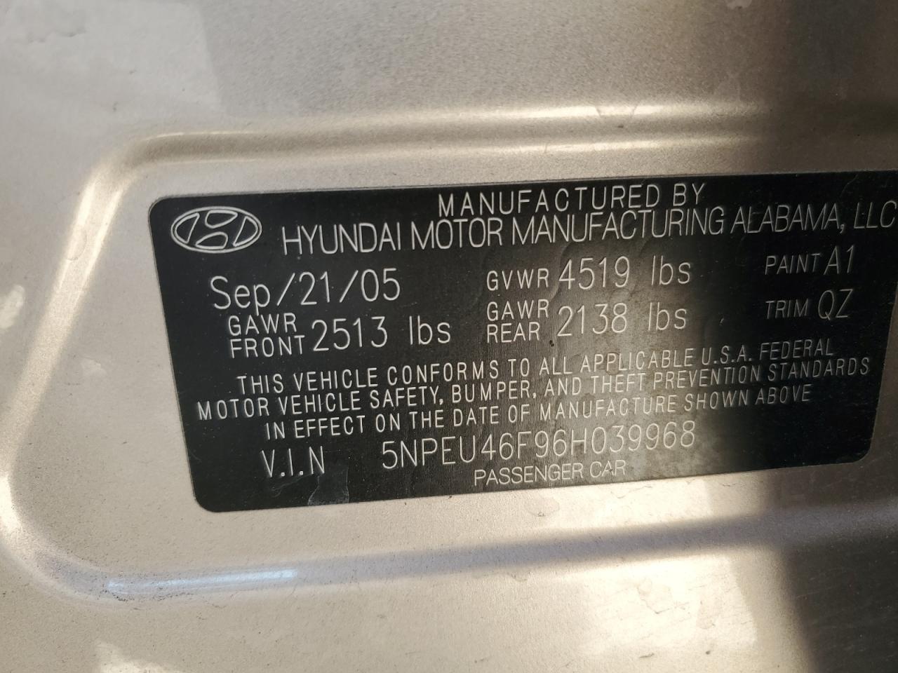 5NPEU46F96H039968 2006 Hyundai Sonata Gls