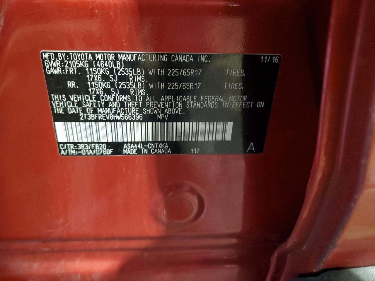 2T3BFREV8HW566396 2017 Toyota Rav4 Le