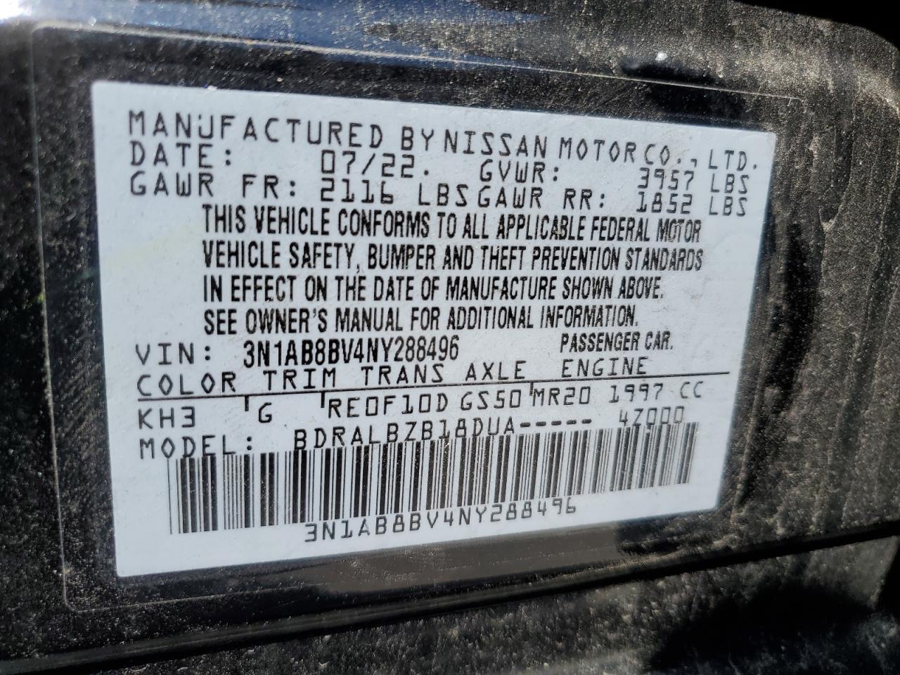 3N1AB8BV4NY288496 2022 Nissan Sentra S