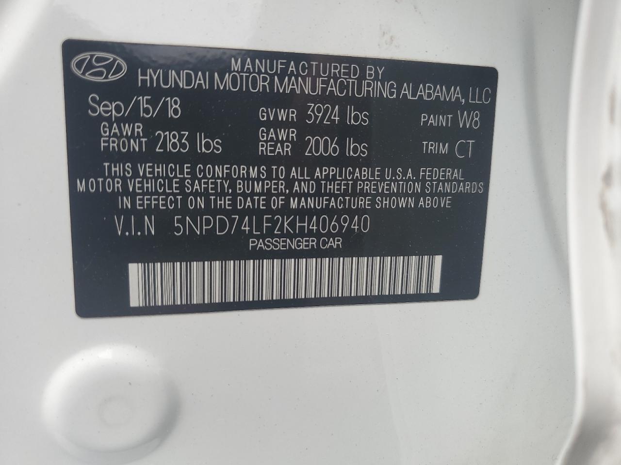 5NPD74LF2KH406940 2019 Hyundai Elantra Se