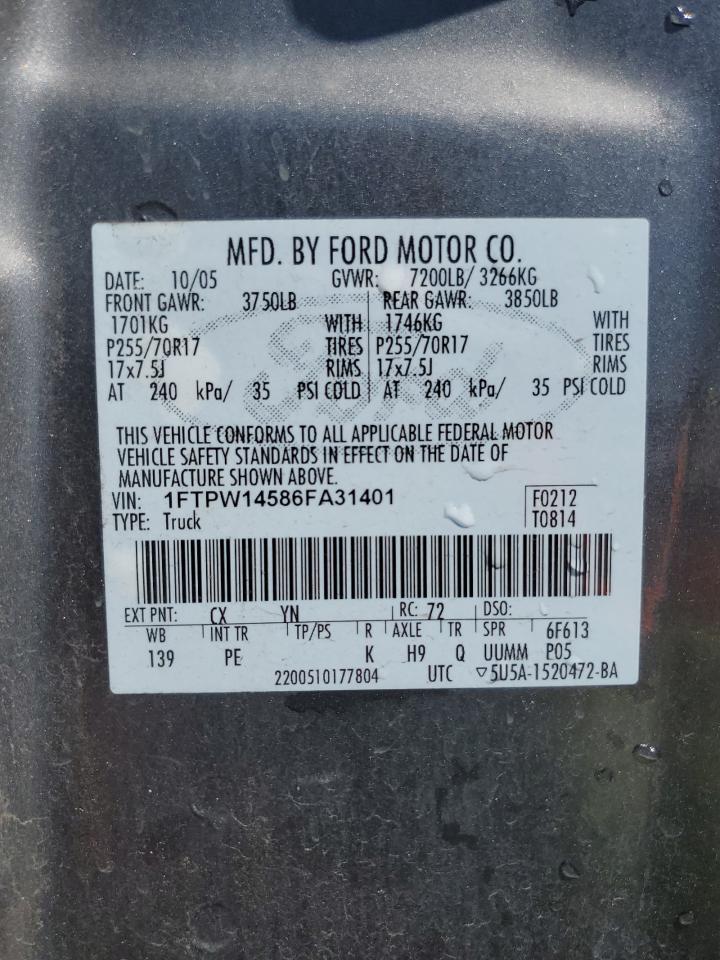 1FTPW14586FA31401 2006 Ford F150 Supercrew