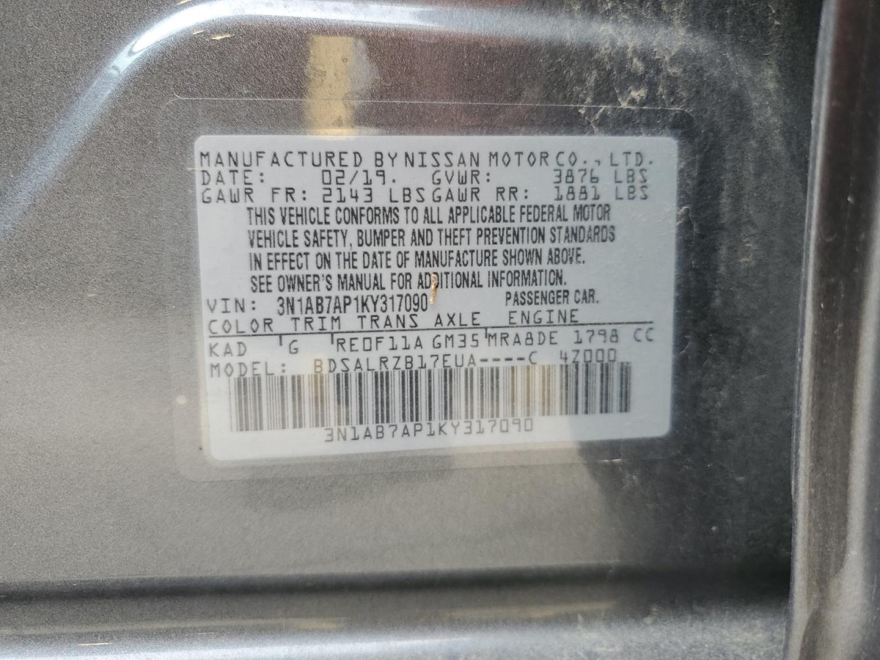 3N1AB7AP1KY317090 2019 Nissan Sentra S