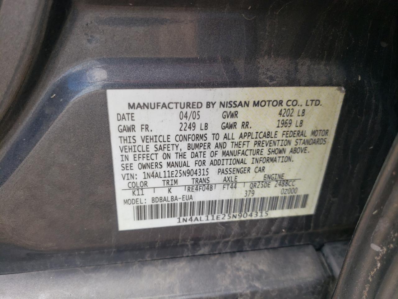 1N4AL11E25N904315 2005 Nissan Altima S