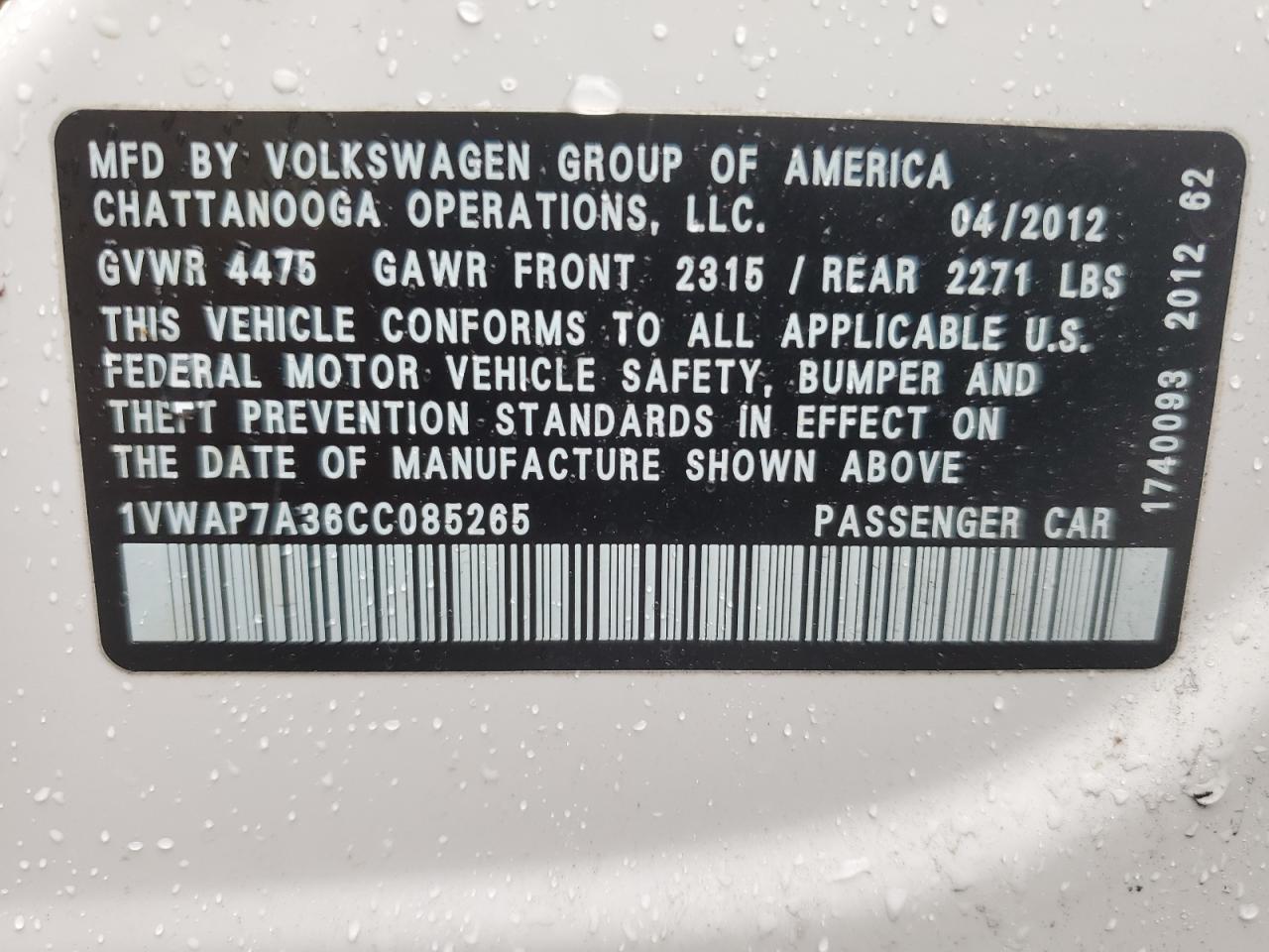 1VWAP7A36CC085265 2012 Volkswagen Passat S