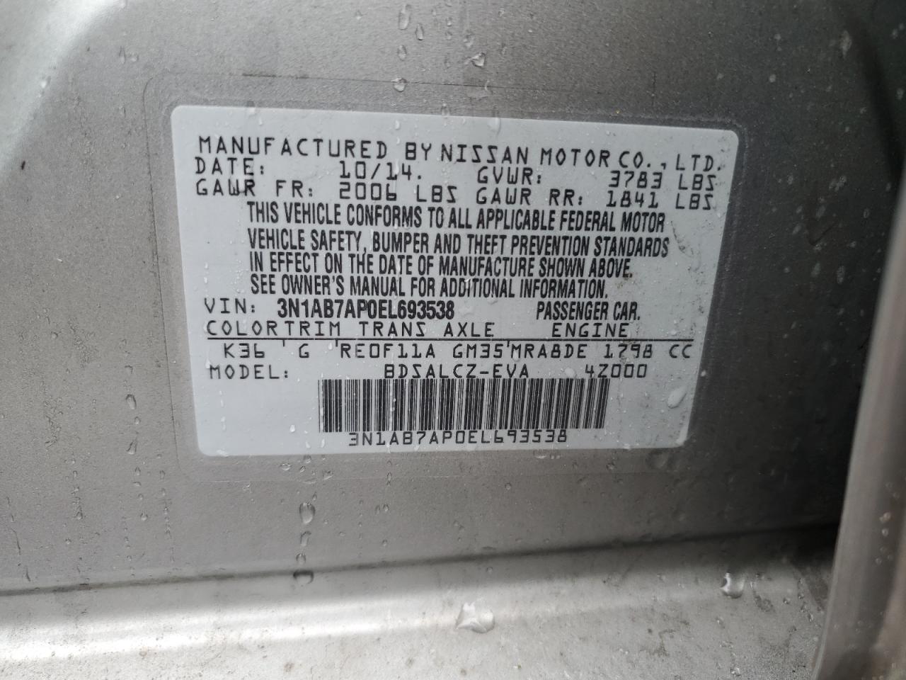 3N1AB7AP0EL693538 2014 Nissan Sentra S