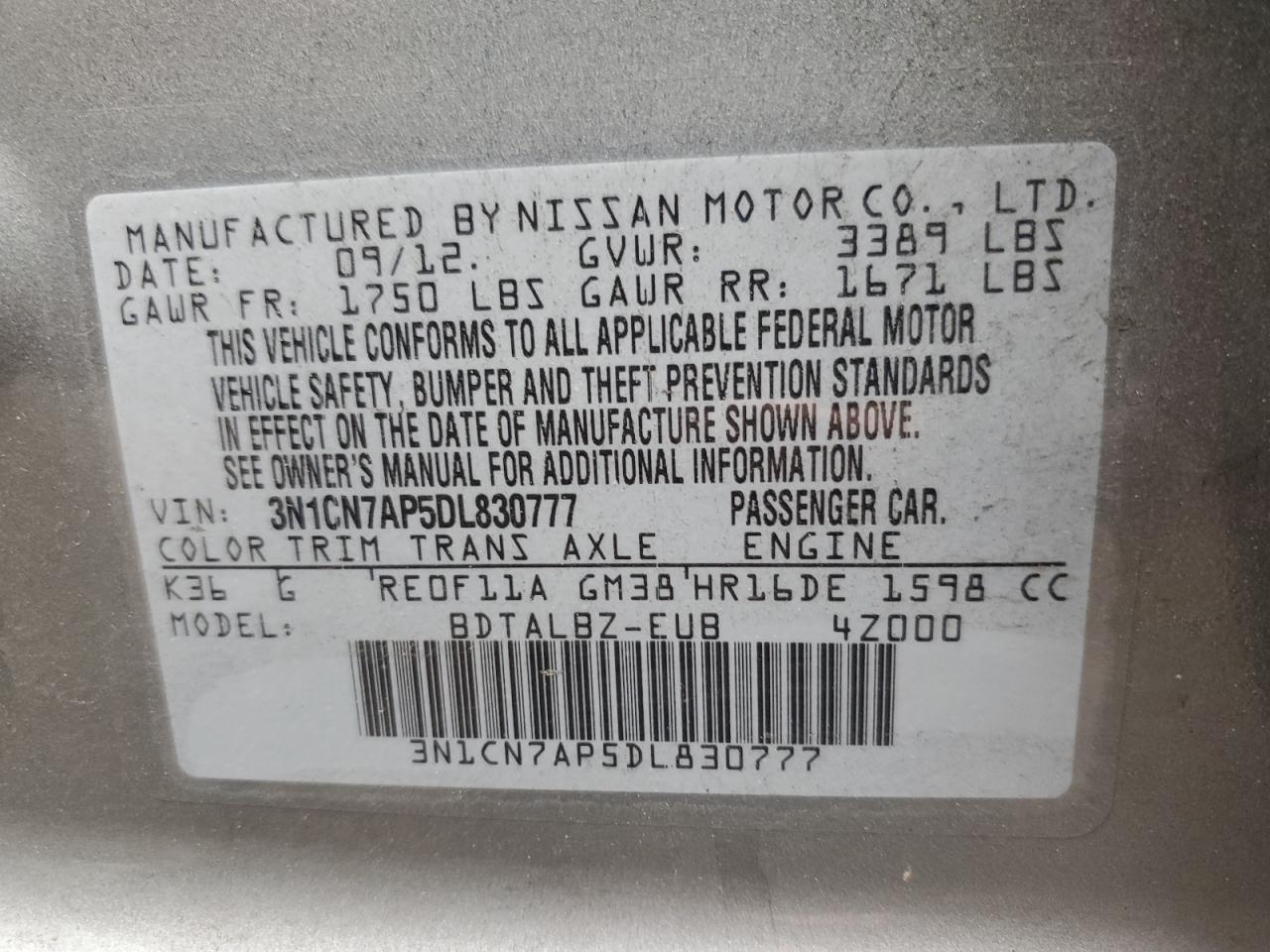 3N1CN7AP5DL830777 2013 Nissan Versa S