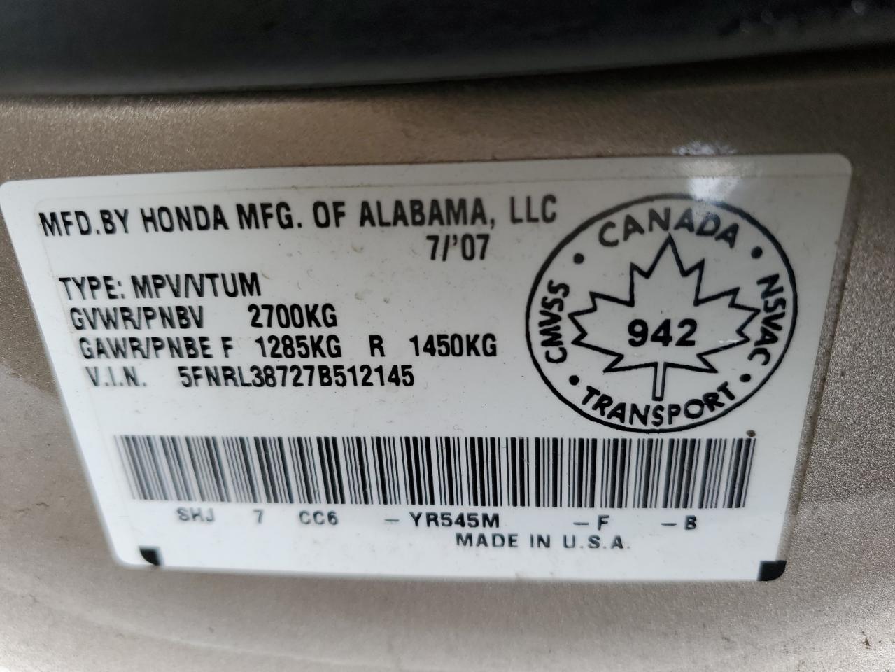 5FNRL38727B512145 2007 Honda Odyssey Exl