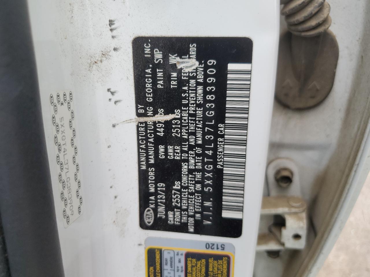 5XXGT4L37LG383909 2020 Kia Optima Lx