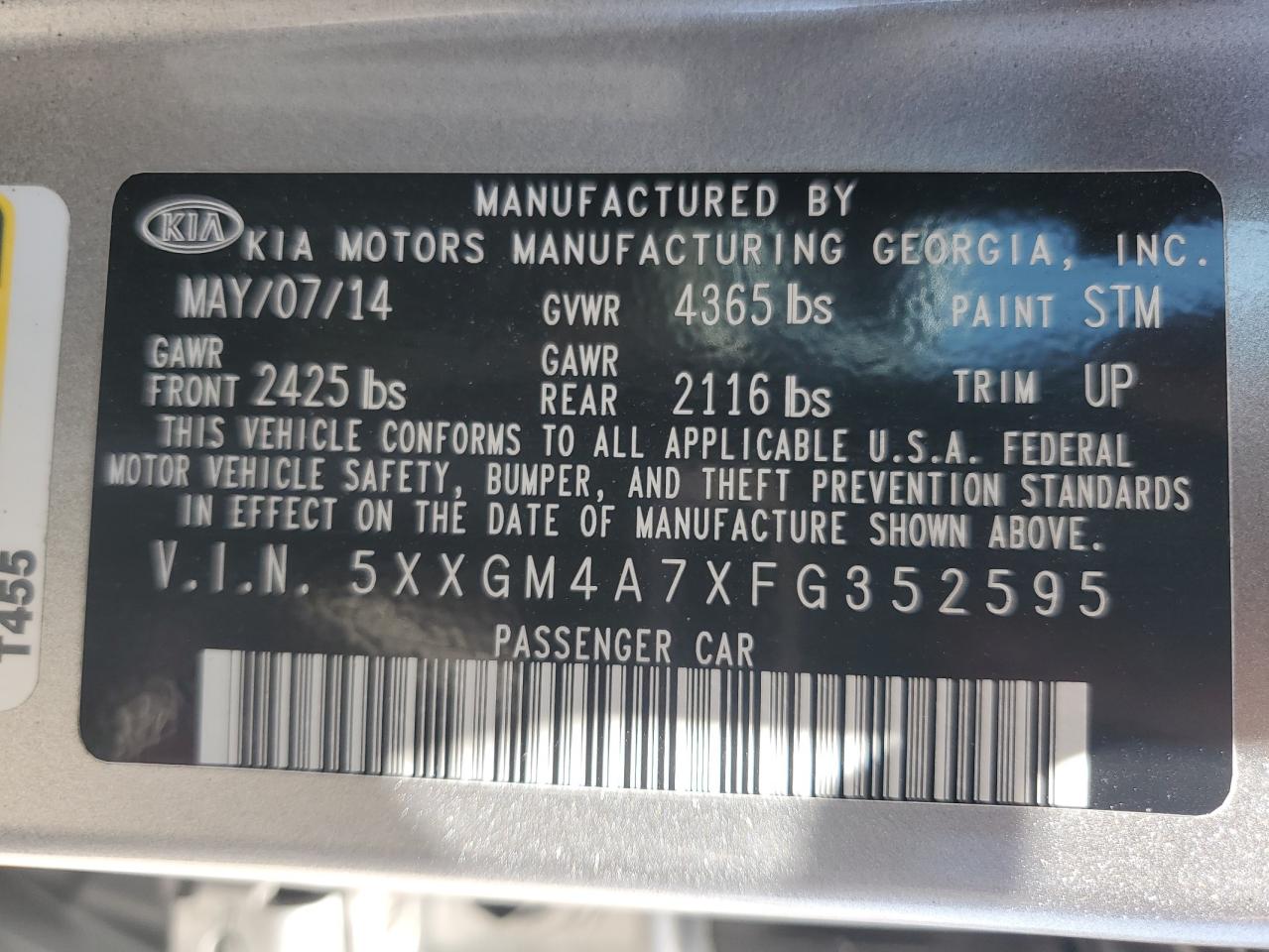 5XXGM4A7XFG352595 2015 Kia Optima Lx