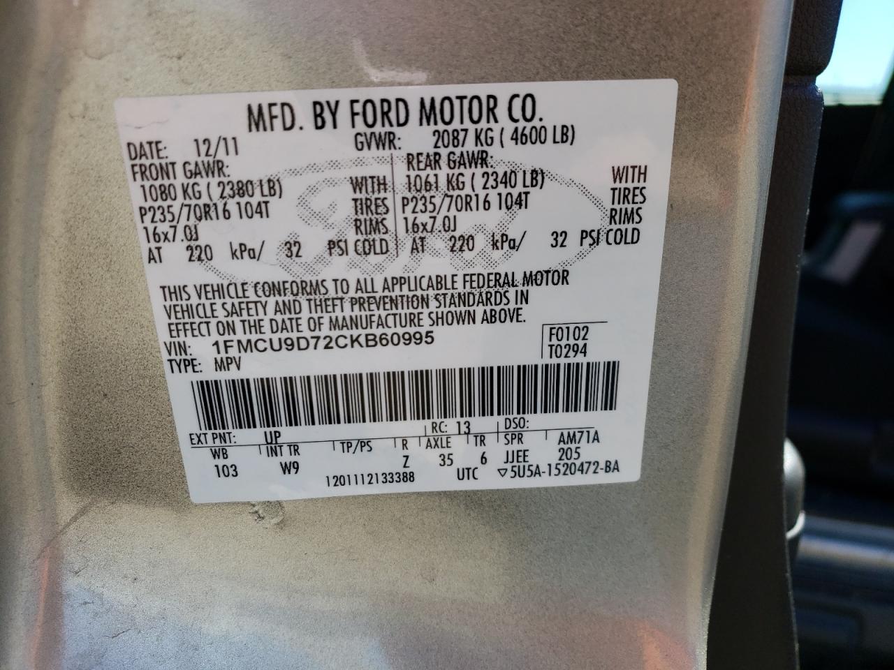 1FMCU9D72CKB60995 2012 Ford Escape Xlt