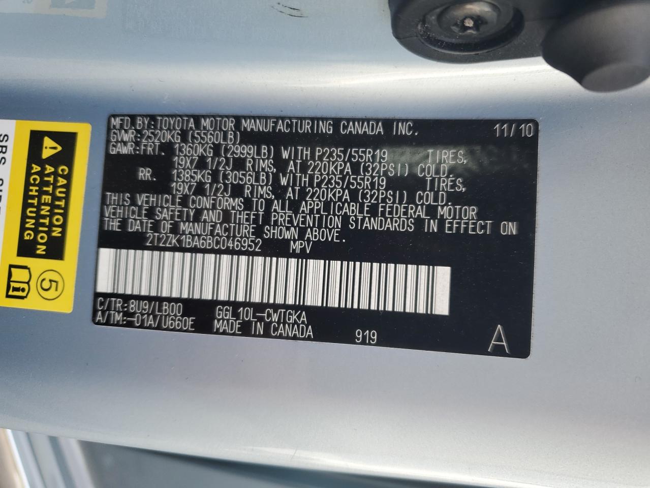 2T2ZK1BA6BC046952 2011 Lexus Rx 350