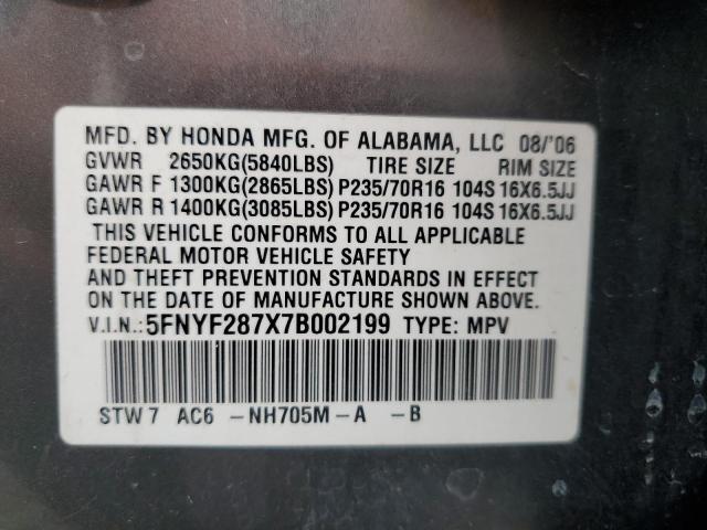 2007 Honda Pilot Exl VIN: 5FNYF287X7B002199 Lot: 55527204